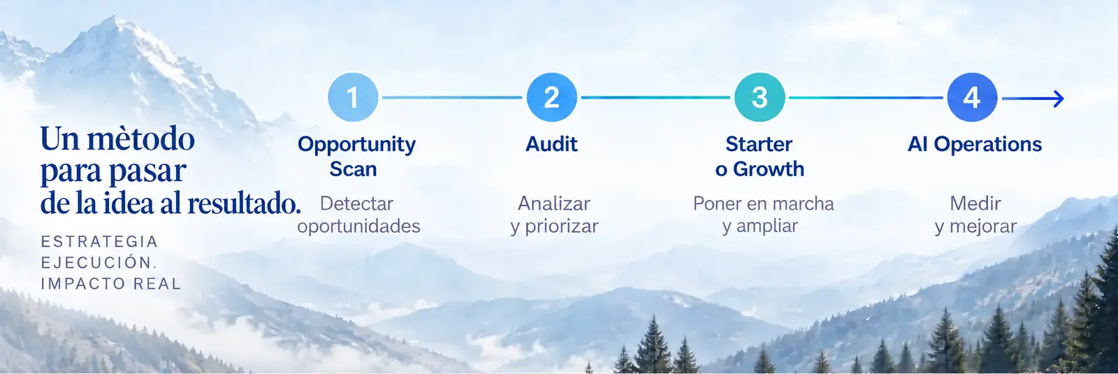Un método para pasar de la idea al resultado: Opportunity Scan, Audit, Starter o Growth y AI Operations