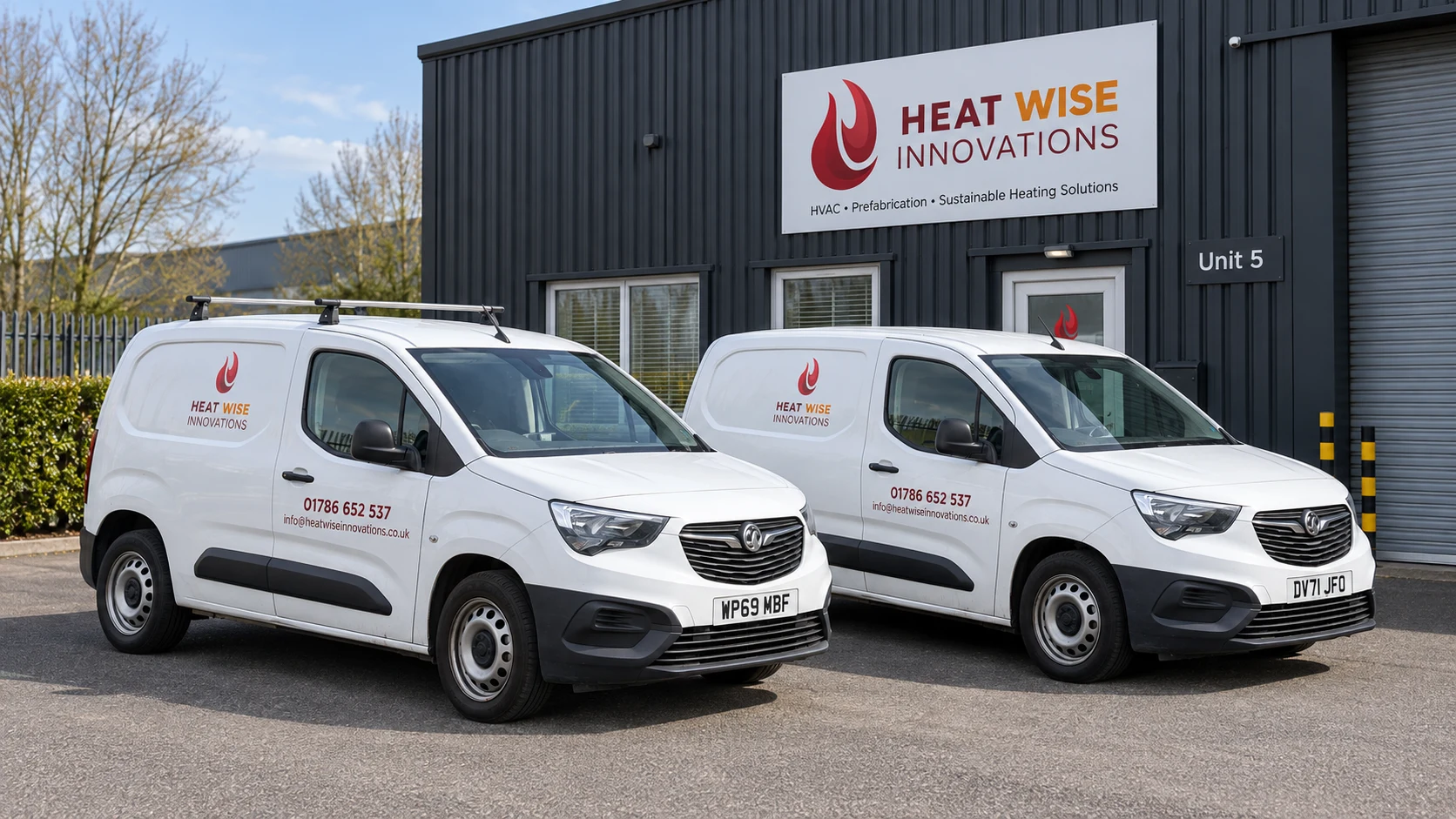 Two Heat Wise Innovations vans outside our Stirling office and workshop