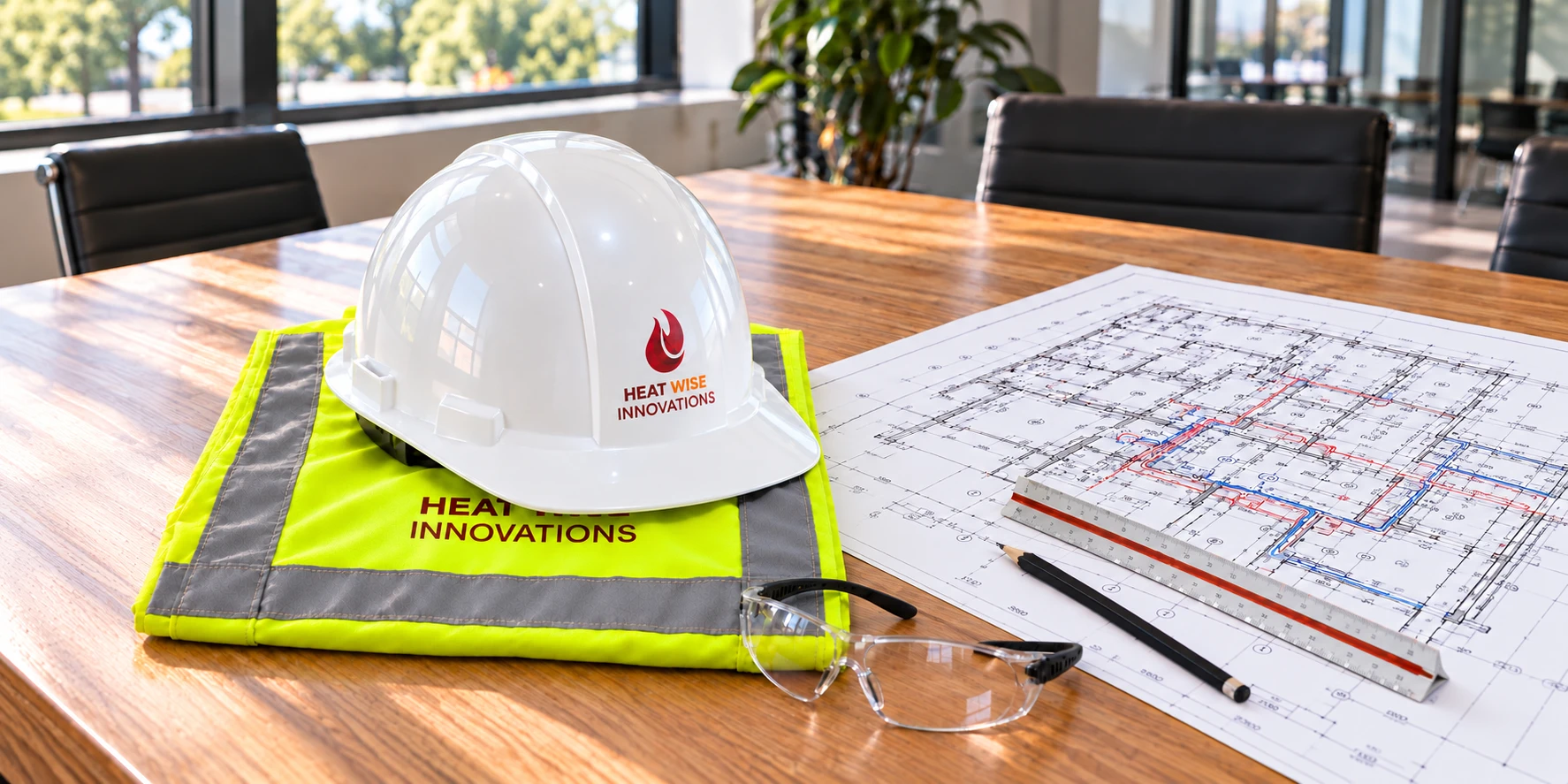 Heat Wise Innovations branded hard hat and high visibility vest with safety glasses and mechanical construction drawings