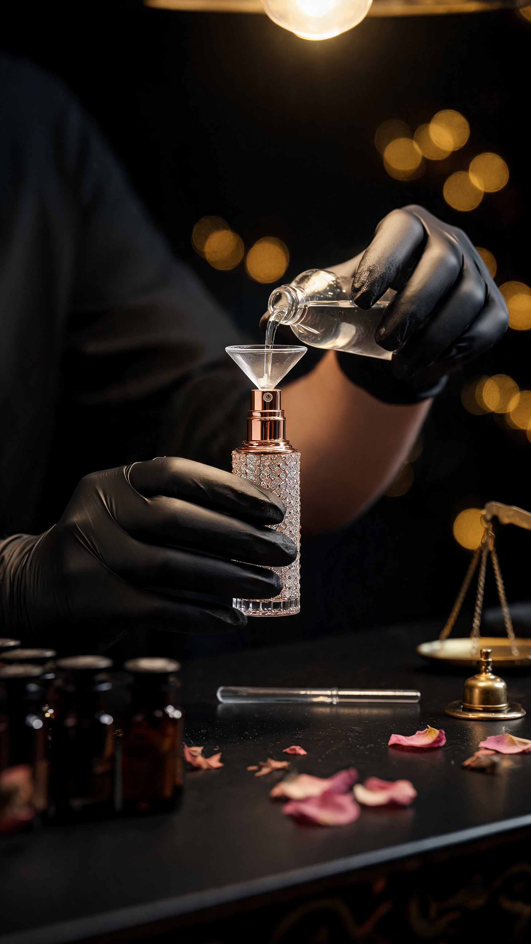 Gloved hands filling a J.A bottle by hand in the atelier