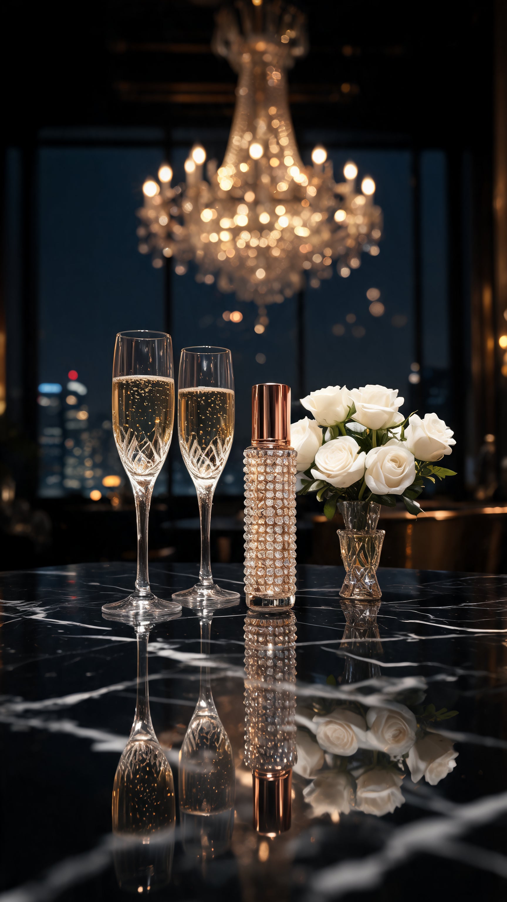 An evening with J.A: champagne, white roses and chandelier light