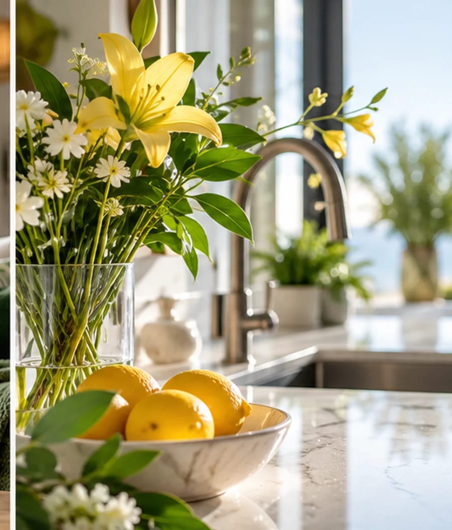 Fresh kitchen with yellow flowers, lemons and lush green leaves
